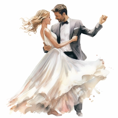 Hand drawn, watercolor, hyper realistic, white background, white margins, 16k, ultra detailed clipart, cut out image, hand - drawn, ultra HD, sharp and clean art, bride and groom dancing