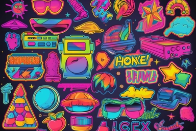Retro 80s 90s clipart set. Neon colors y2k fashion patch, badge, emblem, stickers.
