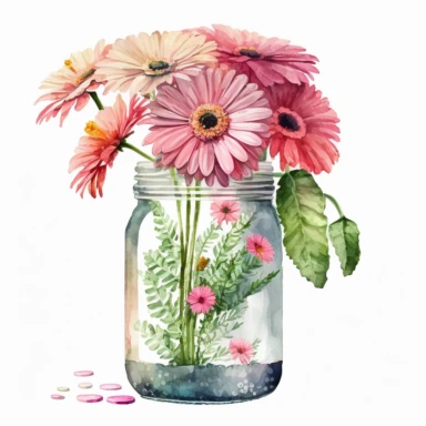 watercolor Pink Gerbera Clipart Pink Gerbera floral bouquet in the jar, white background, no text