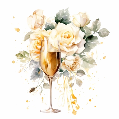 white beige rose border with leaves, champagne glasses wedding, mystical, beautiful, white background, single clipart, halloween element, Sparkling ,watercolor