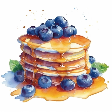 blueberries, watercolour, clipart, high quality, blueberry pancakes, with syrup, on plate