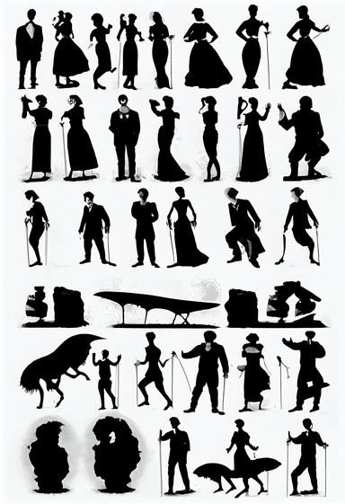 diverse silhouettes of people, enigmatic, whimsical, victorian,active, black and white clipart collection, white background