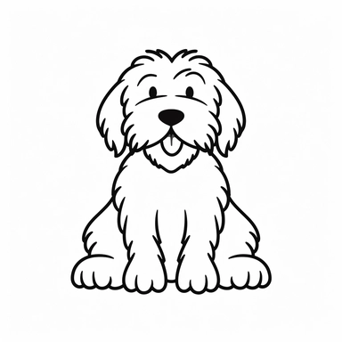 Really simplified black and white line art drawing of a cute happy smiling labradoodle dog line art, vector clipart, in the style of simple illustration, simple minimal line art