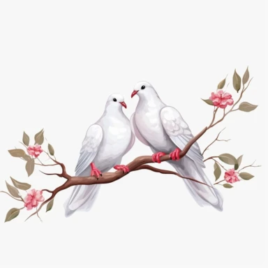 two love doves birds sitting on a branch, clipart, white background