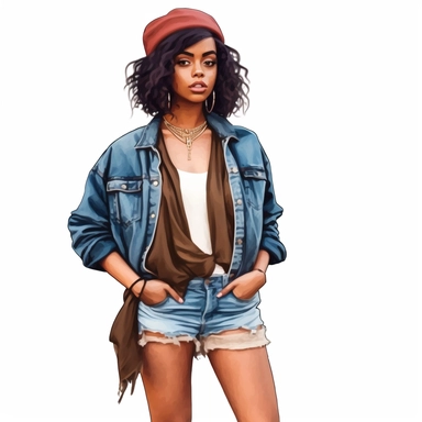 Black girl with old school fashion clothes, watercolor style, clipart solid white background
