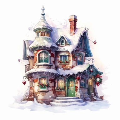 Watercolor, cute christmas santa house, magical, fantasy, clipart, white background detailed, 8k, high resolution, style of Sandi Mower, clean white background