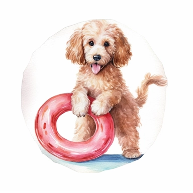 cute poodle and a frisbee, watercolor, clipart, white background,