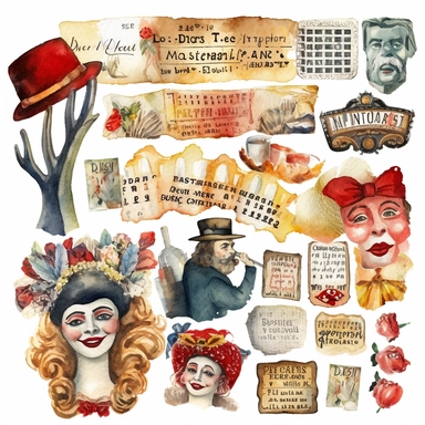 watercolor 1910s 1920s 1930s 1940s theatre ephemera , illustrations clipart set, simple, , cartoon elements ,different variants ,tickets,separate elements with a margin