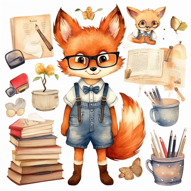 Back to School watercolor clipart, kawaii cute student animals, Fox teacher, animals graphics, School stationery png, School Supplies Clip art , natural color , white background