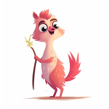 fred the baby llama, llama baby character, pink fur, light brown skin, likes to chew grass, bipedal, children's book illustrative style clipart, flat colours, high resolution, consistent character, full colours, white background
