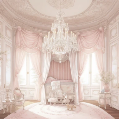 panoramic view, full view, beautiful elegant royal baby girl nursery room drawing painting, frilly, romantic, fantasy, ethereal, light pink and white colors, beautiful crib with beautiful full flowing canopy, beautiful bling crystal chandelier, soft pink teddy bear, beautiful large Victorian style window with beautiful pink flowing drapes, faux fur rug, sharp focus, high detail, 8k, illustration clipart style, transparent background