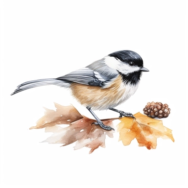 realistic watercolor chickadee eating seeds, on white background, spaced out, clipart
