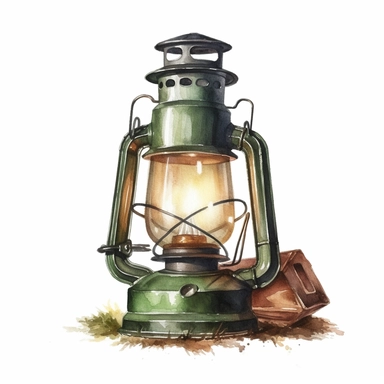 watercolor, hyper realistic, white background with margins, 8k, ultra detailed clipart a lantern or flashlight used for camping at night, green and brown