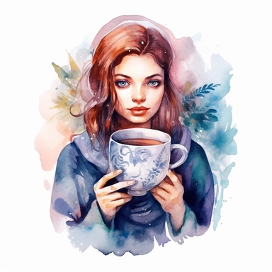Create One clipart inspired by portrait of woman drinking tea: The clipart exudes a cozy ambiance, with a sense of warmth and tranquility. It invites viewers to imagine themselves wandering through this magical nature, discovering its secrets and encountering fantastical creatures.cozzy watercolor style. in 4K. so it can be used in fantasy books. beautifull coloring