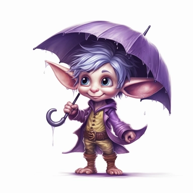 Cute Adorable magical little Elf with big pointed ears holds a umbrella in his hand wears a raincape and stand in the rain on a country road, clipart, photorealistic illustration, watercolor, high detail, 8k polished, 8k, vibrant colors, sticker, majestic, die cut, black and purple color, white background
