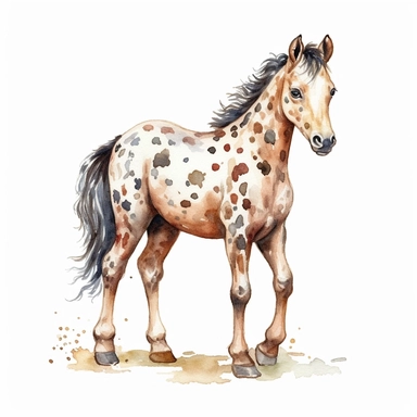 Appaloosa baby horse, highly detailed, watercolor, clipart, illustration, white background, digital painting, paper crafting, no signature, no text