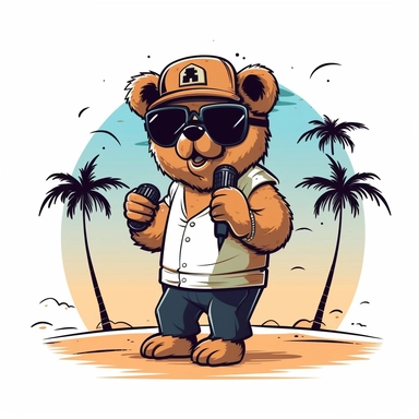 Design a hip hop teddy bear clipart performing on the beach. Show the bear wearing stylish sunglasses, holding a microphone, and surrounded by palm trees, vector, white background, easy to cut, 32k