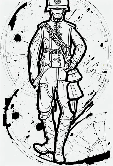 thick lines, 1 medium detailed white drawing, 1 , 1bit, 1 white steampunk soldier, 1 white sticker art, 1 color by numbers, 1 white coloring page for adults, 1 , white printable outlined artwork, 1 white coloring book page, 1, line art, 1 white backdrop, crisp lines, vector image, svg style, clipart style,