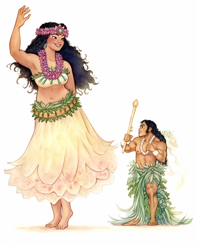 delicate watercolor pastel clipart of a Hawaiian hula dancer dancing in front of a king