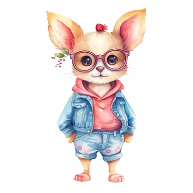 a cute clipart,unique outfit , different breed , full body , unique pose, unique outfit , white background , watercolors image, unique and vibrant , no other elements, clean shapes ,center and middle, cute
