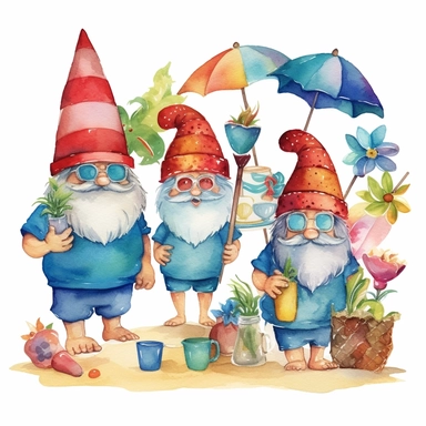 Watercolor painting clipart of gnomes ready for the beach, with flip flops, beach balls, margaritas, sunshine, towels, sunglasses, strong colors