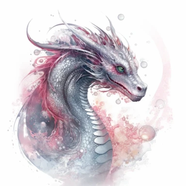 stuningly beautifull dangerous expressive looking shimmering silver and pink wind dragon WITH HIGH DETAILED EYES with a fixing stare head an curved long neck looking in the camera with soap bubbles around its body , shimmering dust , magical glow, clipart, fantasy clipart watercolor fairytale dragon art watercolor art in front of a hills highly detailed uplight 8k in front of white background , WHITE BACKGROUND