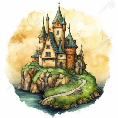 a Castle on Green Hill watercolor Clipart sublimation clipart graphic, full body, clipart, sticker, a single picture, cartoon style, highly detailed, 8k, one image in the frame--no text in the picture--