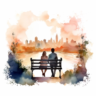Create a watercolor clipart of a bride and groom sitting together on a park bench, with a city skyline in the distance. No Background