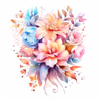 Clipart beautiful fanciful floral composition, fairytale, watercolor paints, isolated objects on white background, beautiful delicate pastel colors, k8 , s1000