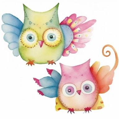 4 cute whimsical owls, simplified, doodled by a child, folk art, watercolor texture, soft brush strokes, clipart on white background, high resolution, free margins