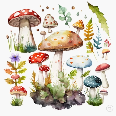 large, Watercolor Mushrooms Clipart - cute forest nature toadstool clip art, white background, landscape, clump of mushrooms, moss, woodlands