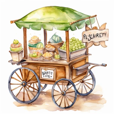 create a beatiful highly deatailed and saturated disney style watercolor clipart image of an old fashion wooden bakery cart selling key lime pies, white background, no text, no font