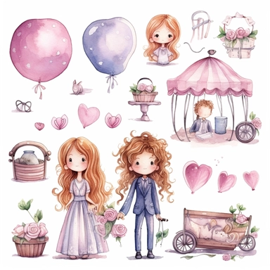 Wedding rings tied with a ribbon, cute kawaii wedding illustrations clipart set, ILLUSTRATIONS FOR THE BOOK, cartoon elements, different variants, girl with long hair in a wedding veil, wedding, husband and wife Love, Hearts balloons, veil, garland, wooden elements, sit on a bench, on the car, white transparent background separate elements with a margin Watercolor