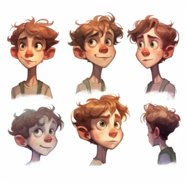 watercolor character, model expression sheet turnaround, schematic, front view, side view, symmetrical , pronouncing letter ”o”, illustrations clipart, white background, phonics , laughing, speaking, blinking,