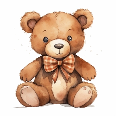 brown teddy bear, bow, style by Lusy Fleming, folk art, watercolor, clipart elements, smooth gradients, black contour outline, ultra detailed, white background, super clear, high quality