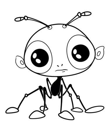 Ant, a cute cartoon, black and white colorring page for kids, Clip Art, cartoon character, no text, white background