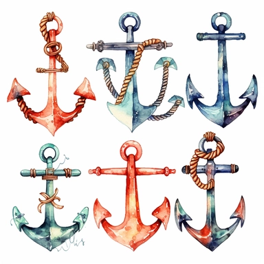 many big old Anchors in watercolor Style, Clipart, white background