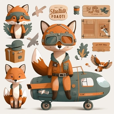 Wood Animals, Pilot Clipart, Aviator Clipart, cute sweet Fox Illustrations