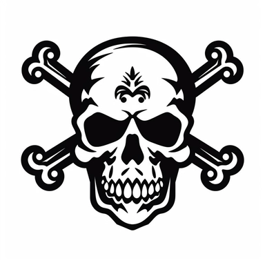 black and white silhouette of a traditional skull and crossbones, clipart style, white background, thick lines, vector, simple design, flat colour, solid colour