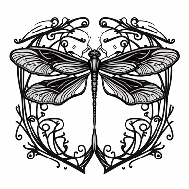 dragonfly fairy wings in art nouveau style, black lines, detailed, flat design, white background, clipart style, black and white,