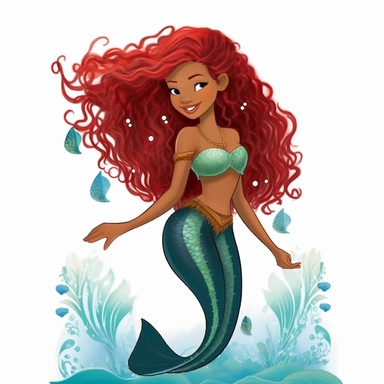 a black little mermaid, disney's ariel, redmafro hair, detailed clipart, full body, detailed fin