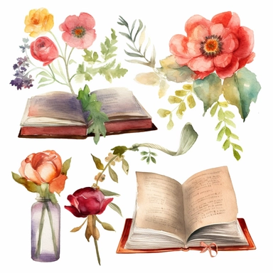 Clipart de libros vintage de acuarela. Lectura de imágenes prediseñadas. Ilustraciones de libros con flores. Literatura de estilo antiguo. Hand painted ilustration, watercolor graphic, white background