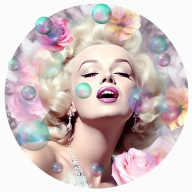 smiling angelic Marilyn Monroe blowing a pink bubblegum and with pink flowers clipart, white background, looking adorable and cute with shinny eyes and a teddy bear beside him with a human face, pastel colors and pastel light pinks and pastel purples and reds flowers and roses with majestic colors and majestic close up fantasy ethreal magical eternal clear water, Confident white tiger, nature, greens, river, turquoise, blues, pastel colours, light pink, shinning diamonds, lighting, Sun bright li