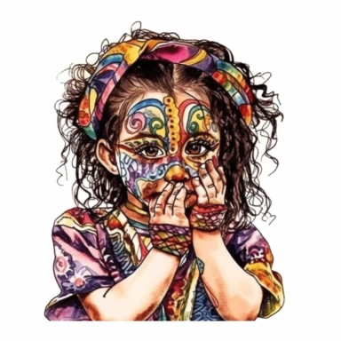 mardi gras, cute toddler girl wearring carnival mask, kaluta art style, pen and ink watercolor clipart,isolated on white background