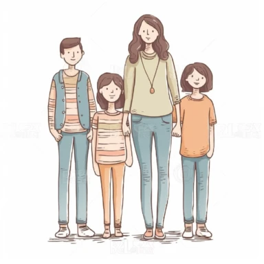 pastel colors vector full view image of faceless family, 4 member mixed family illustration clipart, white background