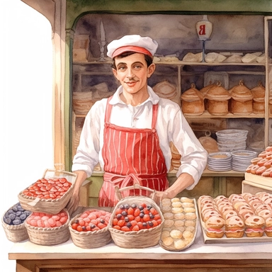 Cute french - style a farmer selling strawberry bakery stand clipart, 1940, strawberry bakery, distinguished bakeries, detailed bakery, watercolor, realistic watercolor painting in storybook illustration, pencil drawing by Angela Barrett, Elsa Beskow, highly detailed, 8k, high resolution, crisp details, white background