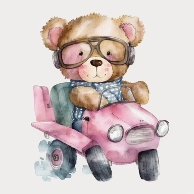 watercolor clipart cute happy teddy bear wearing pilot glasses on driving pink plane, white background