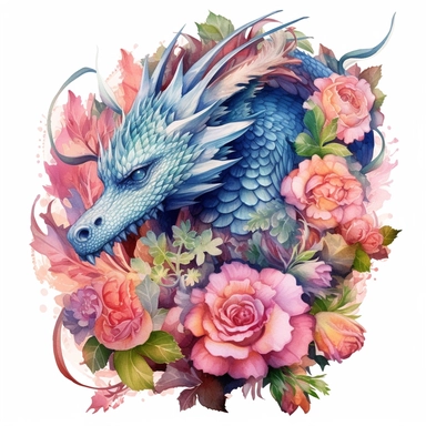 A mesmerizing 4K floral watercolor dragon clipart, where the mythical and the botanical converge in a masterpiece of artistry, intricate floral motifs intertwining with the dragon's form, every petal and scale meticulously painted with intricate details and vibrant watercolor pigments, creating a harmonious fusion of fantasy and nature