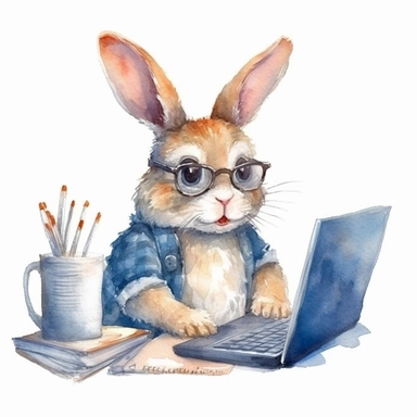 watercolor clipart, cute funny bunny, in style programmer, working on a computer, With an intelligent look, funny and floppy ears, white background, no watermarks, suitable for printing