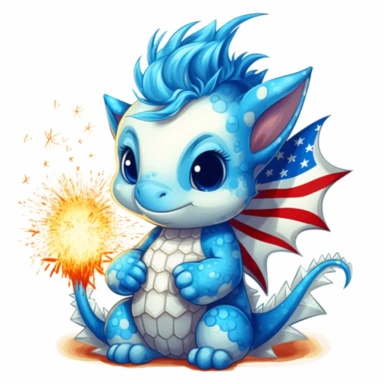 illustration of cute baby dragon in read white and blue american flag colors, fireworks, 4th of july, clipart svg, white background